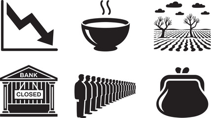 Great Depression Era Icons Set Silhouette Illustration Featuring Bank Closure and Bread Line