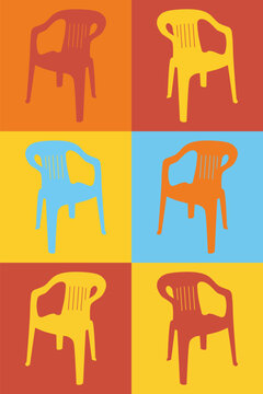 Stackable plastic chair pop art style illustration. Colorful monoblock chair poster vector.