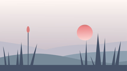Minimalist landscape with pink sun and grass
