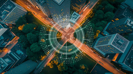 Digital network circuit board pattern with futuristic light and space elements