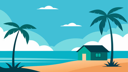 Obraz premium Tropical beach scene with palm trees and a small house