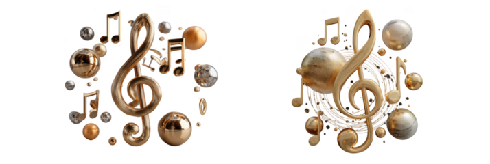 Golden treble clef and musical notes with decorative spheres isolated on transparent background