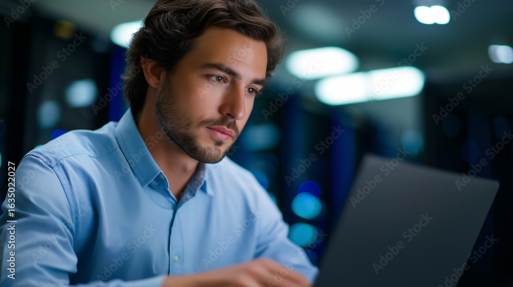 Poster computer engineer working in server room for big data solutions