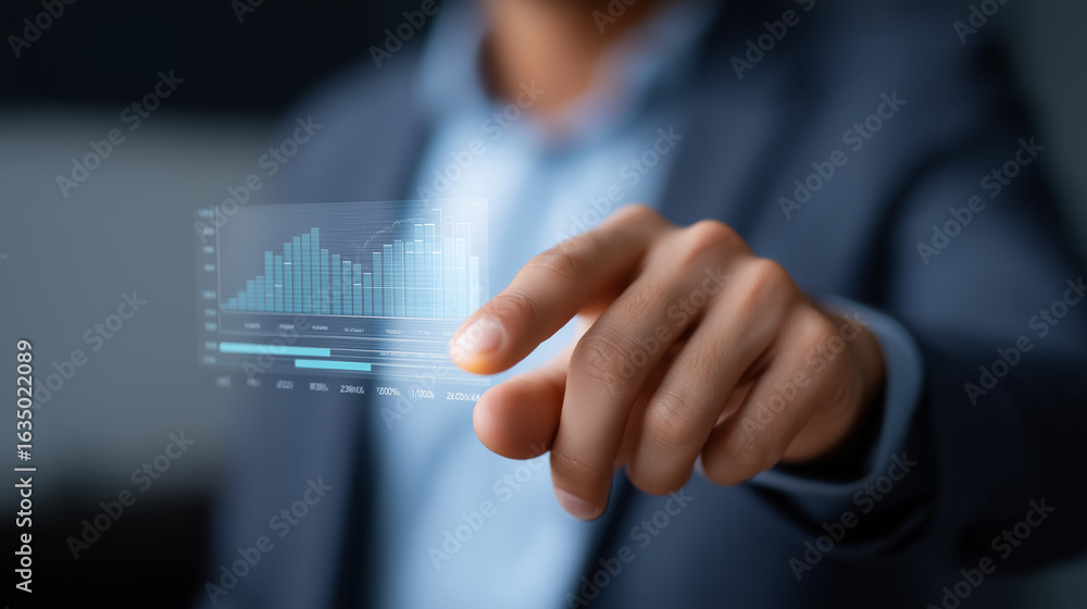 Poster businessman engaging with kpi dashboard for data analytics and finance
