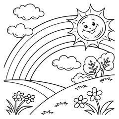 rainbows, clouds and sun coloring page for kids
