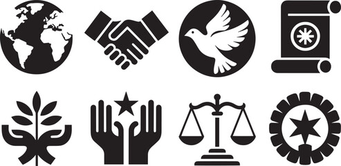 Peace and Diplomacy Icons Set Depicting Global Unity, Agreement, and Harmony in Black and White