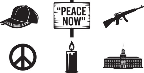 Peace and Protest Icons Set Silhouette Illustration with Baseball Cap and Peace Sign