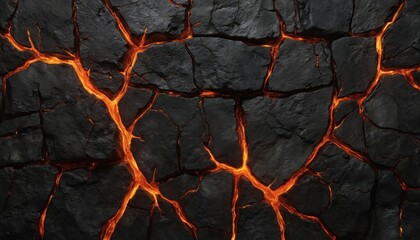 Abstract illustration of dark stone blocks with glowing orange cracks. Fiery lines of heat, energy illuminate rugged, rough, black surfaces. Geometric patterns create depth, suggesting intense power,