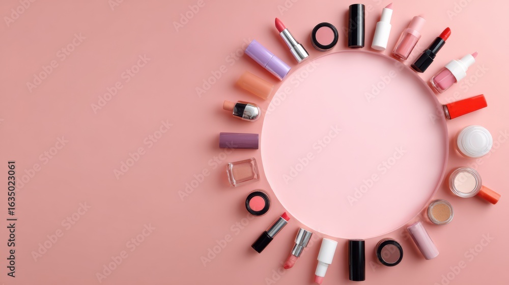 Poster array of cosmetics arranged in a circle with soft matte background for beauty display