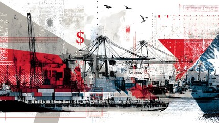 Global Trade and Shipping Port Illustrations Highlighting Tariff Impacts, Cargo Containers, Cranes, and Economic Symbols in Stylized and Pixelated Layouts for Editorial and Commercial Use.