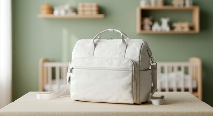 Diaper bag sitting on table in nursery for new parents, practical and stylish. Diaper bag provides essential storage for baby supplies, offering convenience and organization.
