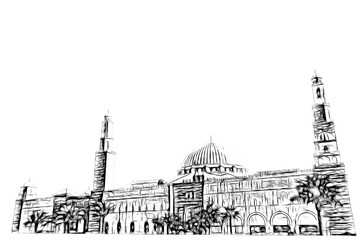 A black-and-white sketch of Al Rajhi Grand Mosque on Eastern Ring Road in RIyadh