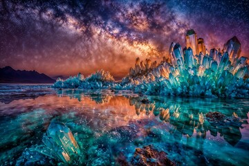 Aurora Borealis lights up the night sky over a beautiful lake, with a silhouette of giant crystals in the foreground