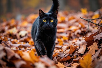 Fototapeta premium Black Cat with Glowing Yellow Eyes Playing in Colorful Autumn Leaves