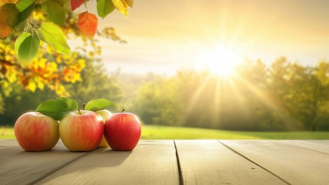 Empty wooden table top with rfkred apples on blurred apple orchard in the background on sunny day, suitable for product display, presentation and design, eco gardening concept
