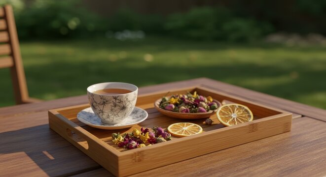 Tranquil Tea Time: Floral Tea, Lemon, and Wooden Tray in Sunlight - Powered by Adobe
