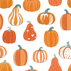 Cartoon folk pumpkins seamless pattern. Autumn cozy decorative background of pumpkins. Fall texture for Thanksgiving, harvest and Halloween and other seasonal designs.