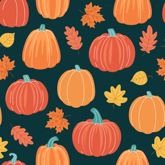 Cartoon folk pumpkins seamless pattern. Autumn cozy decorative background of pumpkins and leaves. Fall texture for Thanksgiving, harvest and Halloween and other seasonal designs.
