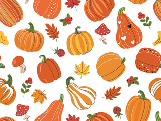 Autumn pumpkin cartoon pattern folk pumpkins, mushrooms, berries and leaves. Decorative seamless background. Autumn texture for Thanksgiving, harvest and Halloween and other seasonal designs.