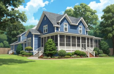 Charming blue farmhouse with spacious screened porch, green lawn, vibrant landscaping. Traditional American home features white trim, multiple windows, sits under bright blue sky with fluffy clouds.