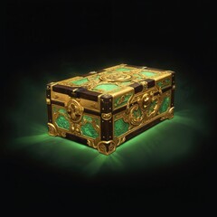 Obraz premium Ornate, antique Chinese treasure chest, gold, wood, emerald green panels. Intricate carvings, locking mechanism details. Stylized, cartoonish aesthetic with glowing green accents. Represents wealth,