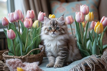 Charming Persian Kitten Surrounded by Colorful Tulips in a Cozy Summer Getaway