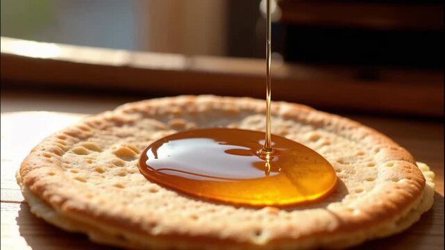Honey being poured onto a cracker with a wooden spoon