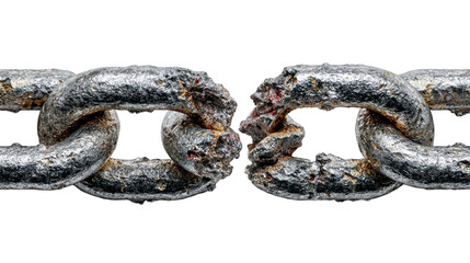 Obraz premium A closeup view of a broken rusty metal chain link, isolated on a transparent background, symbolizing weakness and failure