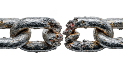 A closeup view of a broken rusty metal chain link, isolated on a transparent background, symbolizing weakness and failure