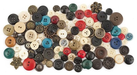colorful buttons in various shapes and sizes scattered on a solid colorful background