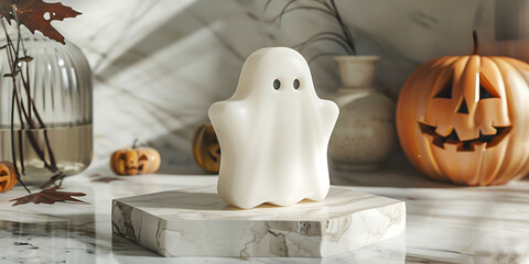 Ghost shaped cake with autumn decor including pumpkins and leaves
