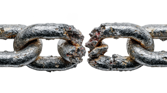 A closeup view of a broken rusty metal chain link, isolated on a transparent background, symbolizing weakness and failure