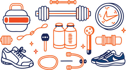 Fitness equipment collection with dumbbells kettlebell shoes and clock Keywords: fitness, exercise, workout, gym, equipment