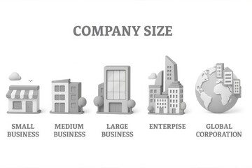 Fototapeta premium Visual Representation of Business Sizes Ranging from Small Enterprises to Global Corporations with Distinctive Structures and Organizational Icons