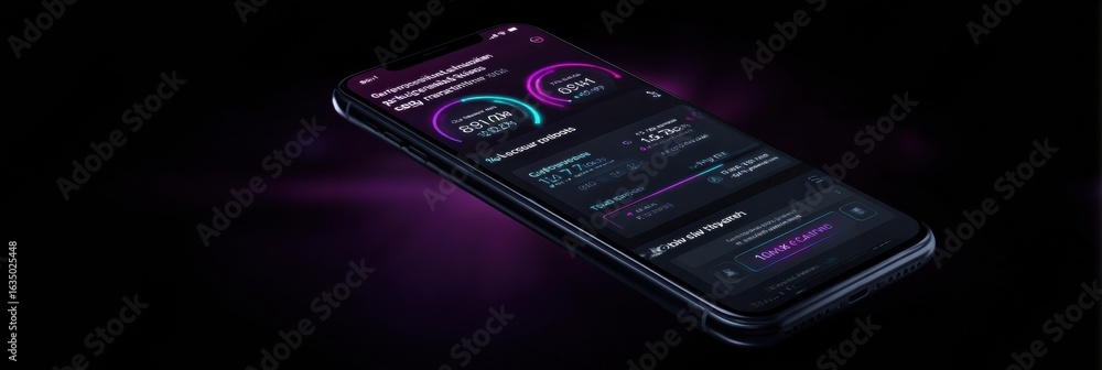 Poster advanced mobile application displaying real-time data analytics on a smartphone in a dark, modern se