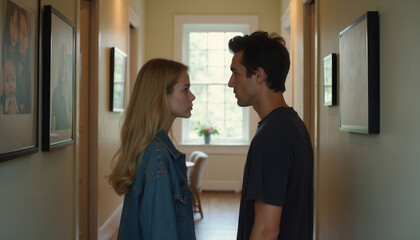 Obraz premium Young couple gazing at each other in hallway with framed photos 