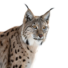 Fototapeta premium A close-up of a Eurasian lynx with distinctive tufted ears and spotted fur. The lynx has sharp eyes and a strong build, set against a black background.
