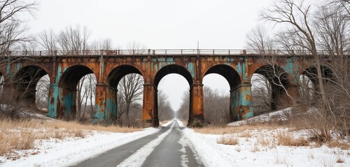 Old rusted railway bridge with arches spans snowy landscape. Isolated abandoned structure features rusty metal, weathered turquoise paint. Winter scene with barren trees, overpass, embankment,