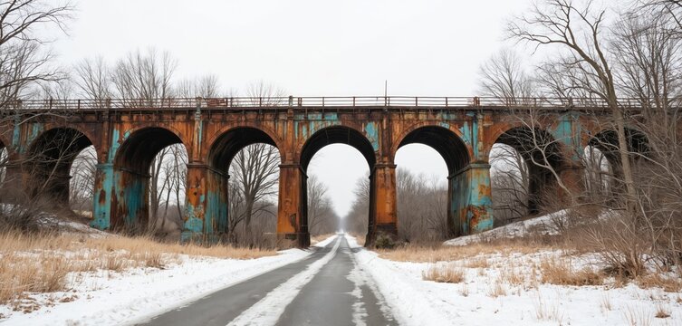 Old rusted railway bridge with arches spans snowy landscape. Isolated abandoned structure features rusty metal, weathered turquoise paint. Winter scene with barren trees, overpass, embankment,