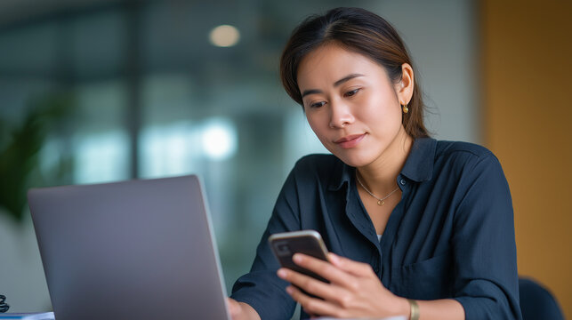 Asian woman using smartphone and laptop for modern business productivity