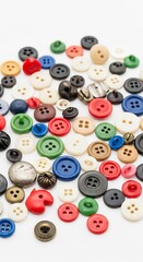 colorful buttons in various shapes and sizes scattered on a solid colorful background