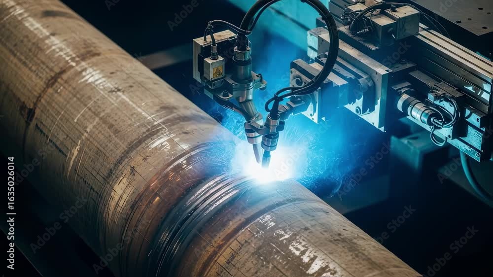 Poster highangle view of automatic welding machine working on long pipeline weld seam.