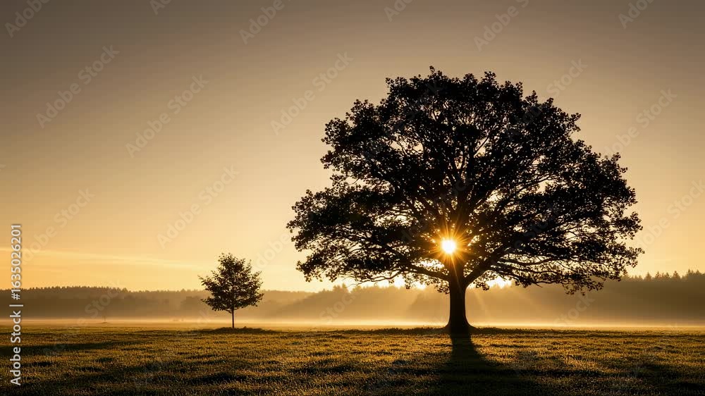 Poster serene landscape showing progress from small sapling to fullgrown tree at sundown