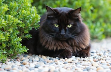 Majestic long-haired black cat with striking green eyes rests serenely on bed of colorful pebbles. Fluffy feline nestled beside vibrant green bush, enjoying natural outdoor environment. Attentive