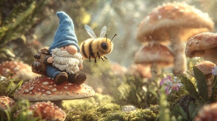 Whimsical scene of a gnome and a bee amongst mushrooms in a forest