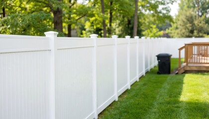 White vinyl fence borders a green grass backyard. Includes a wooden deck and trees in background. Offers privacy, security, and property boundary. Modern design enhances home exterior, yard space.