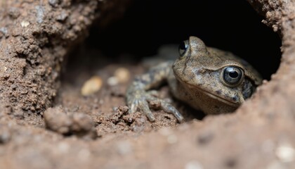 Fototapeta premium Macro photo of a small brown toad peeking from dark hole in earthy ground. Amphibian with textured skin and large eyes is cautious, observing surroundings in its natural habitat.