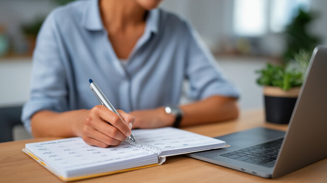 Businesswoman Planning 2025 Event Schedule at Office Desk