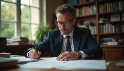Obraz premium Businessman writing notes at desk in modern office interior 