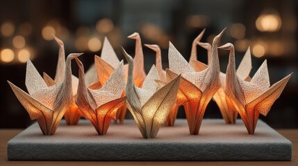 Elegant cluster of pale peach origami cranes on dove-gray felt pad illuminated softly